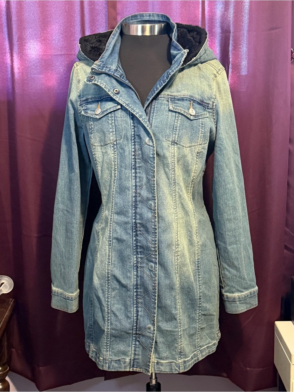 Venus Faux Fur And Denim Hooded Coat Jacket Blue And Black